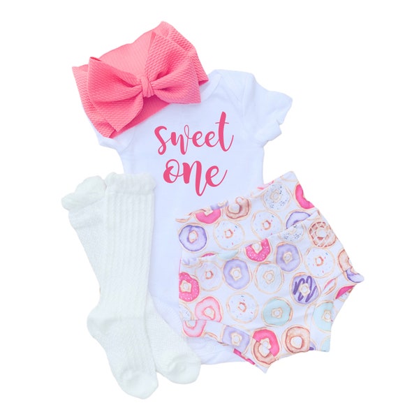 First Birthday Donut Baby Bummies Set, Sweet One Baby Girl Bummies and Bow, Birthday Baby Bloomers and Bodysuit, High Waisted Shorts