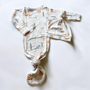 Woodland Animal Bamboo Knotted Gown With Hat, Coming Home Outfit Baby Boy, Newborn Coming Home Set, Baby Hospital Outfit