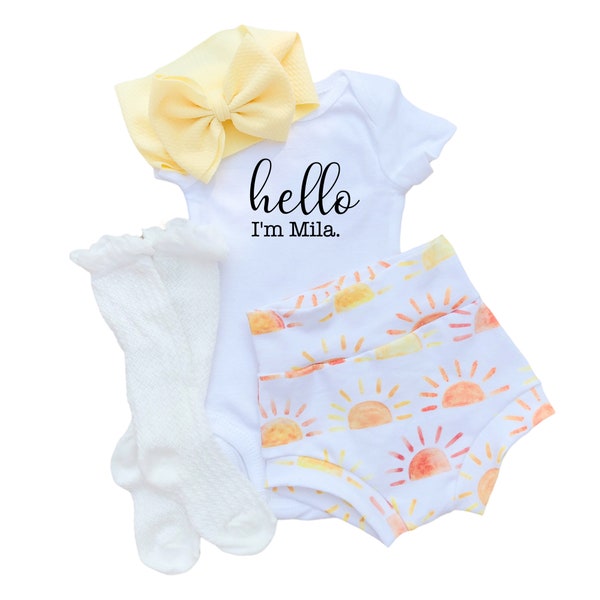 Personalized Baby Girl Bummies and Bow Set, Newborn Coming Home Outfit, Sunshine Bloomers Bow and Bodysuit