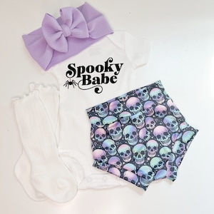 Neon Skulls Halloween Baby Bummies and Bow Set, Spooky Babe Baby Girl Halloween Outfit, 1st Halloween Outfit, Toddler Halloween Set
