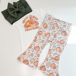 Pumpkin Floral Baby Outfit: Bell Bottoms and Bow Set