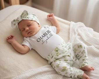 Personalized Organic Cotton Baby Name Outfit: Eucalyptus Newborn Coming Home Set