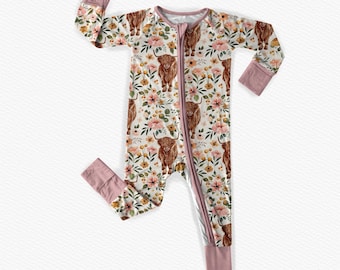 Bamboo Highland Cow Floral Baby Outfit with Zipper, Coming Home Outfit, Baby Girl Sleeper