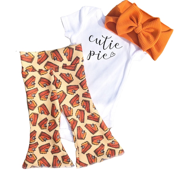 Thanksgiving Baby Bells Set, Fall Baby Girl Bell Bottoms and Bow Outfit, Pumpkin Pie Baby Bummies Bow and Bodysuit, Cutie Pie Toddler Outfit