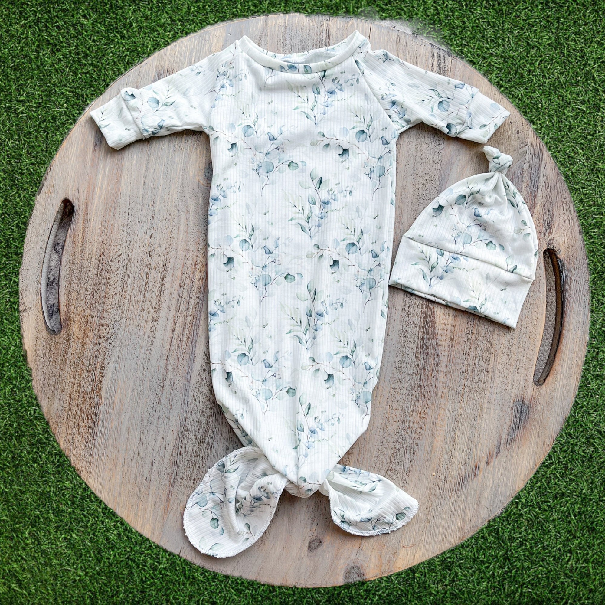 Eucalyptus Knotted Gown With Hat Neutral Coming Home Outfit - Etsy Singapore