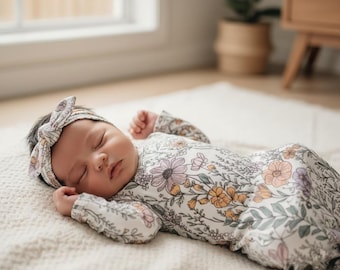 Wild Flower Bamboo Knotted Gown With Bow, Vintage Floral Baby Girl Coming Home Outfit