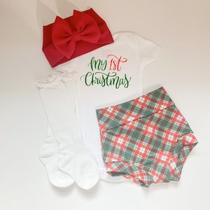 My First Christmas Outfit: Plaid Bummies, Bow & Bodysuit Set