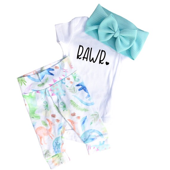 Dinosaur Baby Leggings Set Rawr Baby Girl Leggings and Bow Outfit Baby High Waisted Pants Hat Bow and Bodysuit Newborn Coming Home Set Etsy Canada