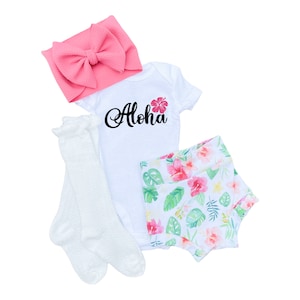 Tropical Baby Outfit Set: Aloha Bodysuit, Floral Bummies & Bow
