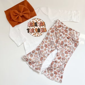 Thanksgiving Baby Outfit: &quot;Here For the Rolls&quot; Bodysuit, Bell Bottoms & Bow