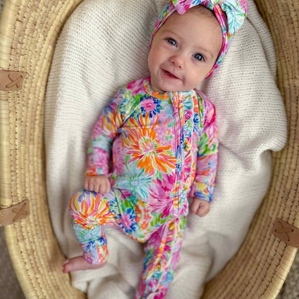 Bamboo Baby Zipper Romper: Neon Floral Ruffle Sleeper with Bow
