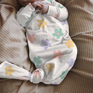 Retro Floral Knotted Gown With Hat and Bow, Coming Home Outfit Baby Girl, Newborn Coming Home Set, Baby Hospital Outfit