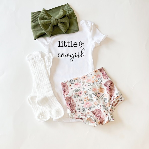 Little Cowgirl Highland Cow Baby Bummies Set, Country Baby Girl Bummies and Bow, Newborn Baby Girl Outfit