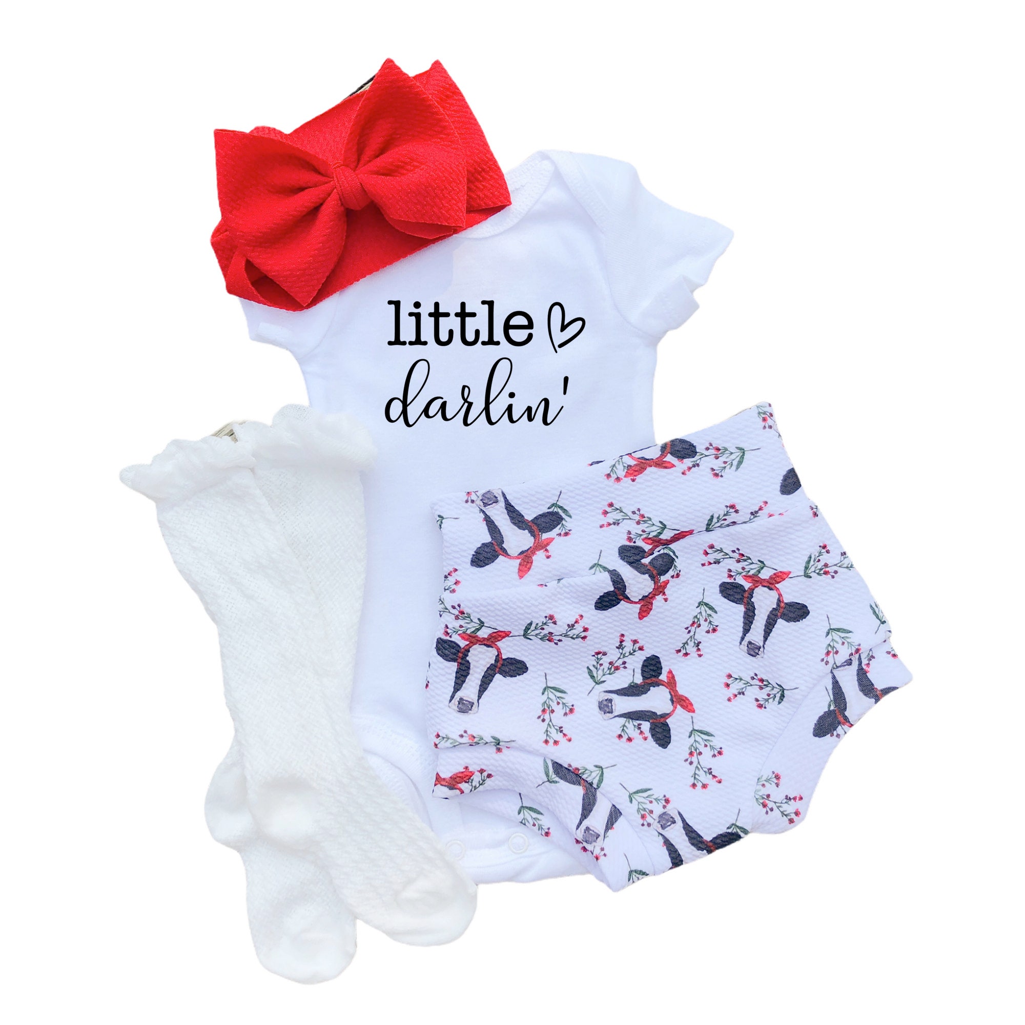 Sage Baby Bloomers Bow and Bodysuit Little Darlin' Watercolor Cow Baby Bummies Set Country Baby Girl Bummies and Bow