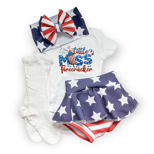 Stars and Stripes First 4th of July Baby Bummies Set, Little Miss Firecracker Baby Girl Skirted Bummies and Bow Outfit, 1st Independence Day