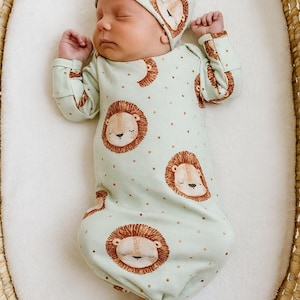 Little Lion Bamboo Knotted Gown With Hat, Coming Home Outfit Baby Boy, Newborn Coming Home Set, Baby Hospital Outfit