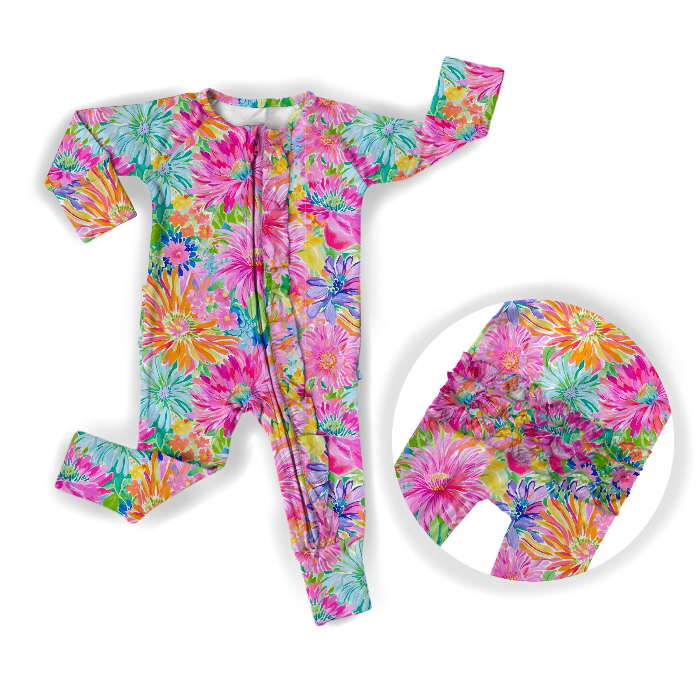 Bamboo Baby Zipper Romper: Neon Floral Ruffle Sleeper With Bow - Etsy