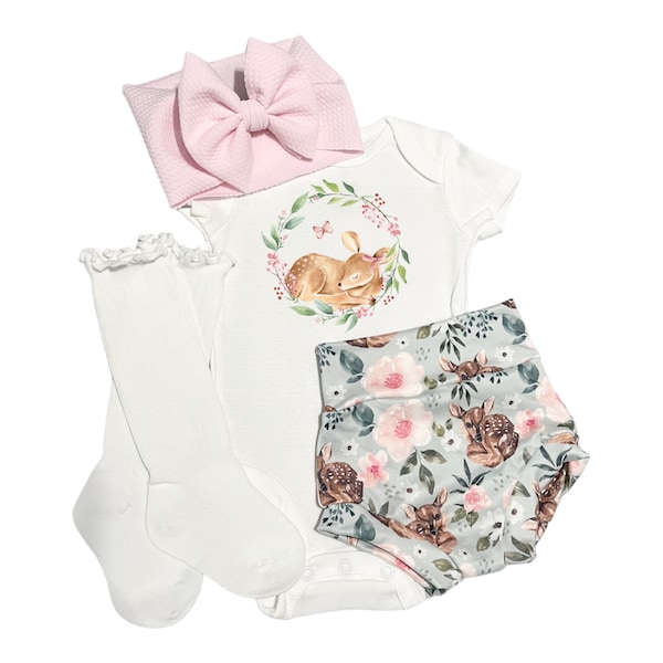 Deer Baby Bummies Set, Country Baby Girl Bummies and Bow, Newborn Baby Girl Outfit