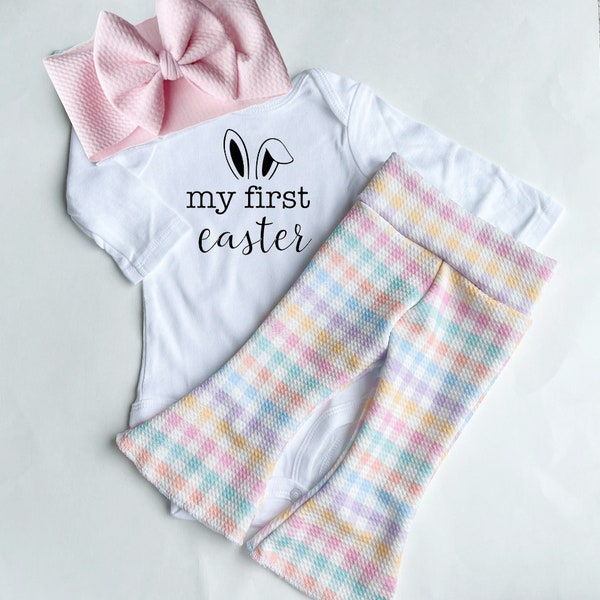 Easter Plaid Baby Bells Set, My 1st Easter Baby Girl Bell Bottoms and Bow Outfit, First Easter Baby Outfit