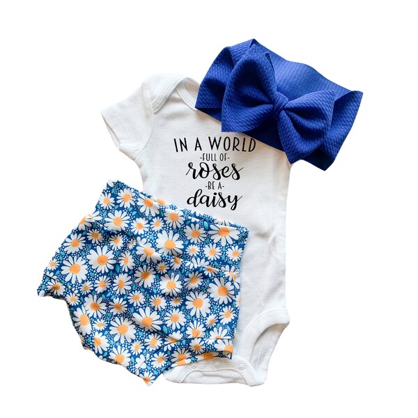 Daisy Baby Bummies Set, In A World Full Of Roses Be A Daisy Baby Girl Bummies and Bow, Bloomers and Bodysuit, High Waisted Baby Shorts