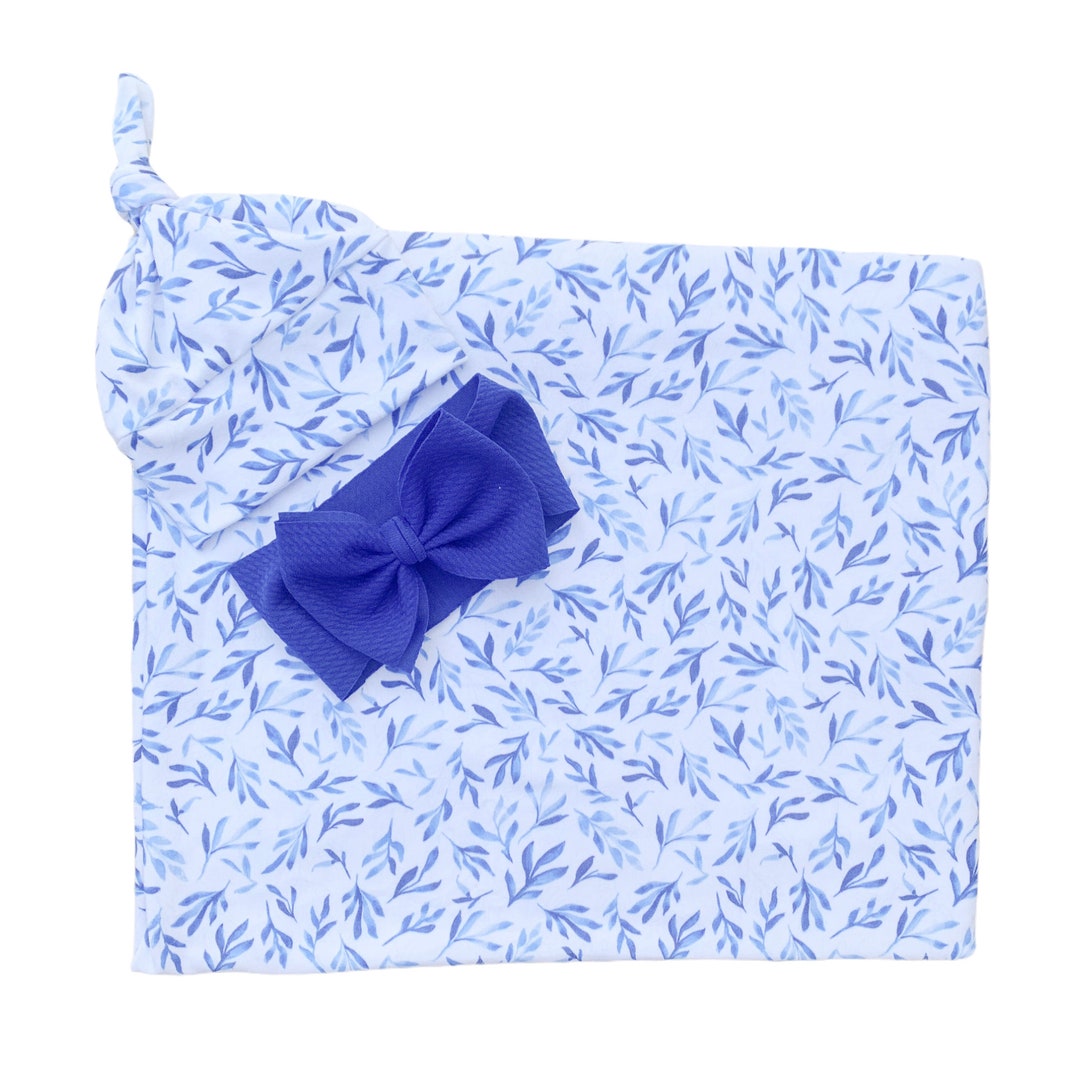 Blue Floral Baby Girl Swaddle Set With Hat and Bow Matching Etsy