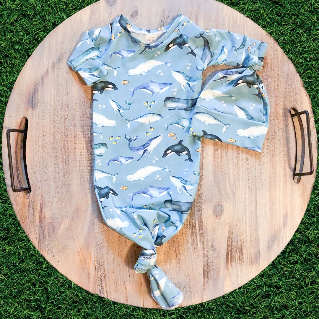 Baby Knotted Gown With Hat, Baby Boy Coming Home Outfit, Ocean Life