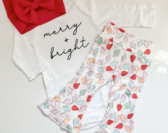 Christmas Lights Baby Outfit: Bell Bottoms, Bow, Bodysuit Set