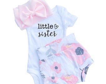 Little Sister Baby Bummies and Bow Set, Pink Floral Newborn Girl Coming Home Outfit