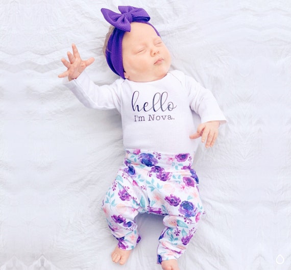 Newborn Girl Coming Home Outfit, Purple Floral Baby Leggings Set