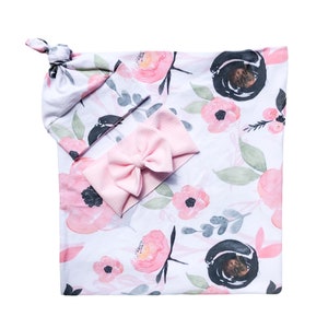 Floral Baby Girl Swaddle Set With Hat and Bow, Matching Newborn Swaddle Blanket For Hospital, Pink Baby Swaddle Blanket