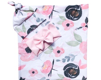 Bamboo Cotton Tassel Swaddle Baby Wrap Pink Purple Floral Botanical 