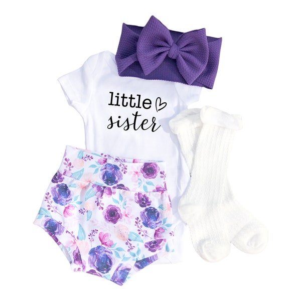 Little Sister Baby Bummies and Bow Set, Purple Floral Newborn Girl Coming Home Outfit, High Waisted Shorts and Bodysuit