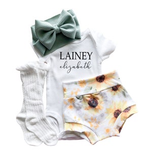 Sunflower Baby Girl Set, Personalized Name Baby Bummies and Bow Outfit, Newborn Girl Coming Home Outfit