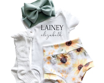 Personalized Sunflower Baby Girl Outfit: Bummies & Bow Set