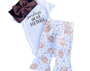 Football Baby Bells Set, Sundays Are For Football Baby Girl Bell Bottoms and Bow Outfit, Super Bowl Baby Girl Outfit