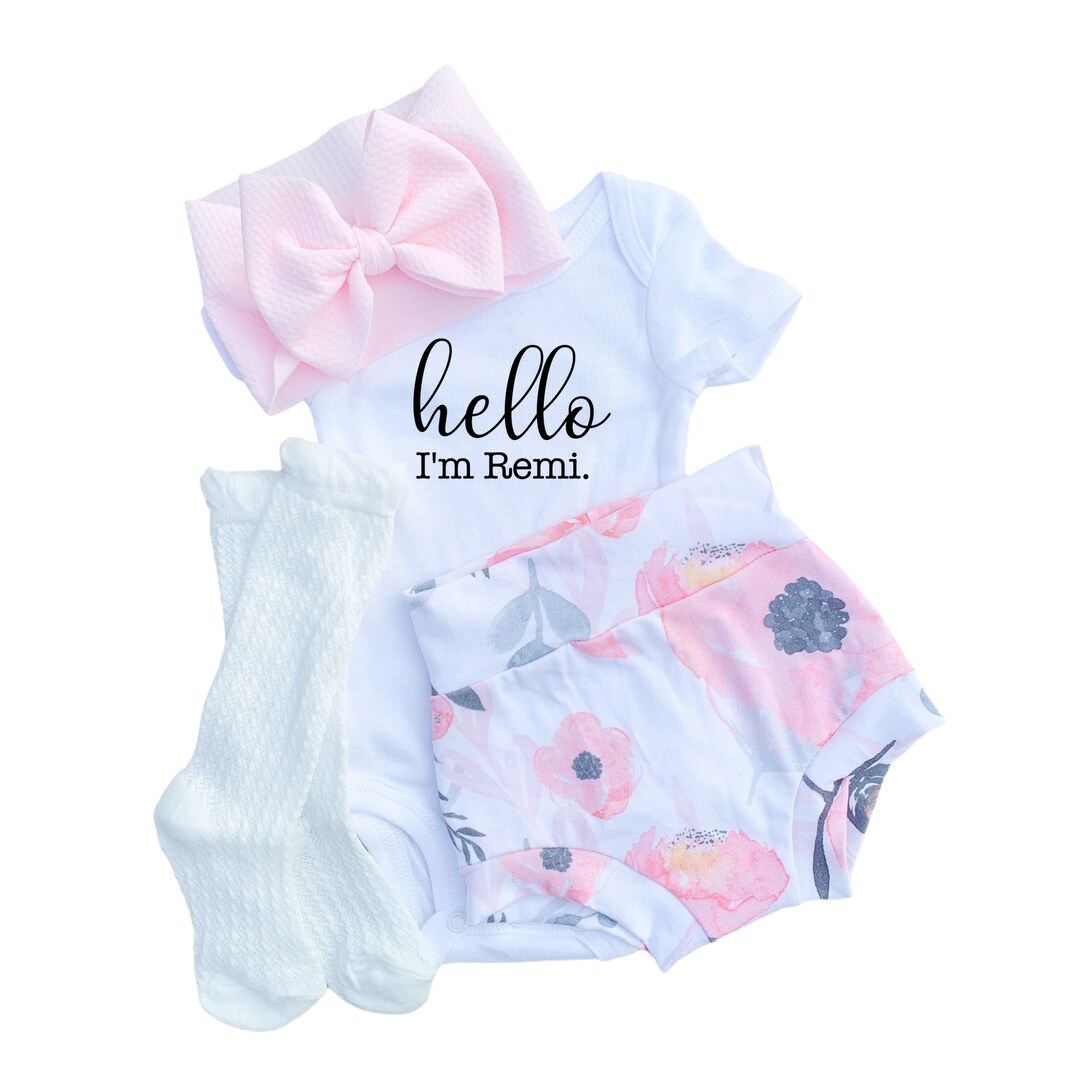 Personalized Pink Floral Baby Girl Clothes, Bummies and Bow Outfit