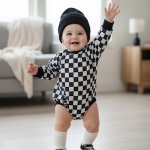Black & White Checker Baby Bubble Romper with Matching Bow, Socks