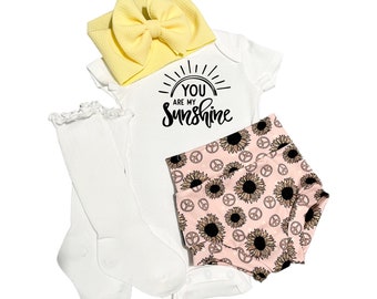 Sunflower Baby Outfit: "You Are My Sunshine" Bodysuit, Bummies & Bow