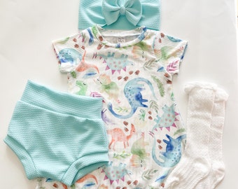 Dinosaur Dress with Bummies Knee High Socks and Headwrap Bow, Spring Baby Girl Outfit, Dino Toddler Dress