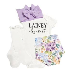 Personalized Baby Girl Coming Home Outfit, Purple Floral Bummies, Custom Bodysuit, Socks and Bow Set