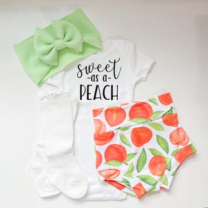 Sweet As A Peach Baby Bummies and Bow Set, Newborn Baby Girl Coming Home Outfit, Baby High Waisted Shorts Bow And Bodysuit