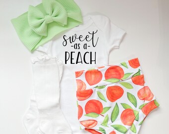 Sweet As A Peach Baby Bummies and Bow Set, Newborn Baby Girl Coming Home Outfit, Baby High Waisted Shorts Bow And Bodysuit