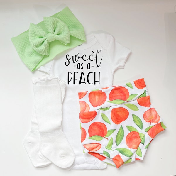 Sweet As A Peach Baby Bummies and Bow Set, Newborn Baby Girl Coming Home Outfit, Baby High Waisted Shorts Bow And Bodysuit