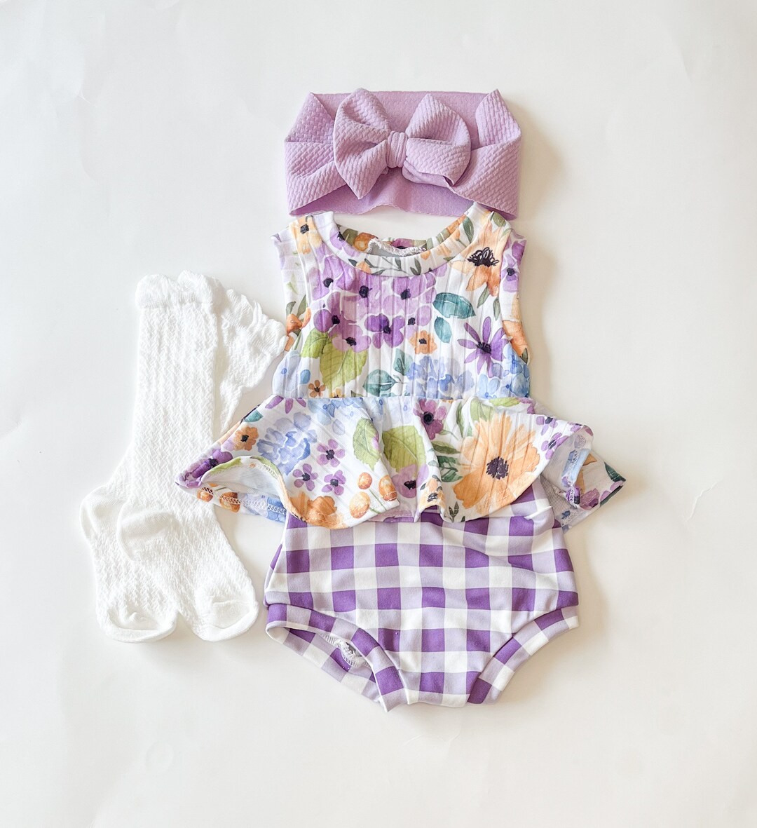 Floral Peplum and Bummies Set, Baby Girl Plaid Bummies and Bow Outfit ...