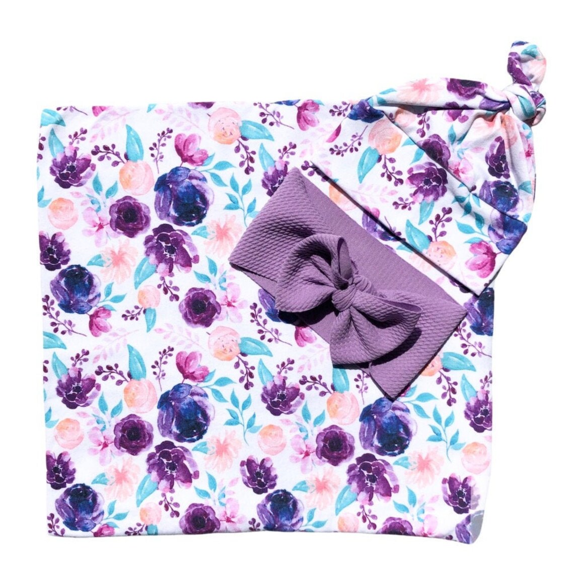 Purple Floral Baby Girl Swaddle Set With Hat and Bow Newborn Etsy