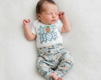 Construction Bunny Baby Outfit: Easter Bodysuit & Joggers Set