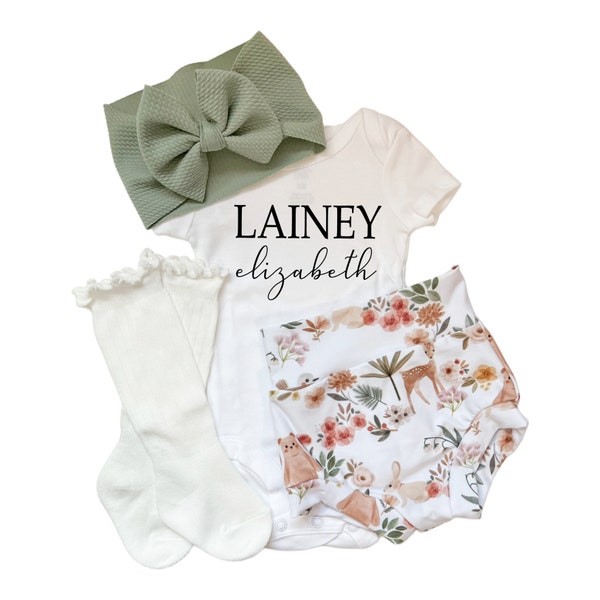 Baby Girl Woodland Creatures Coming Home Outfit, Personalized Baby Bummies Bodysuit and Bow Set