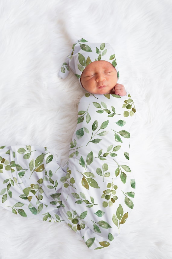 Organic Cotton Baby Swaddle Hat and Bow Baby Hospital Outfit Newborn Greenery Eucalyptus Set Baby Shower Gift Etsy