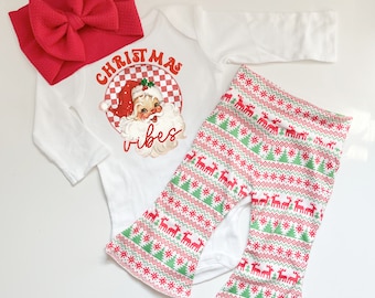 Christmas Baby Outfit: Santa Bodysuit, Reindeer Bell Bottoms & Bow
