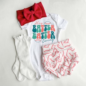 Baseball Baby Girl Outfit: &quot;Hey Batter&quot; Bodysuit, Bummies, Bow & Socks